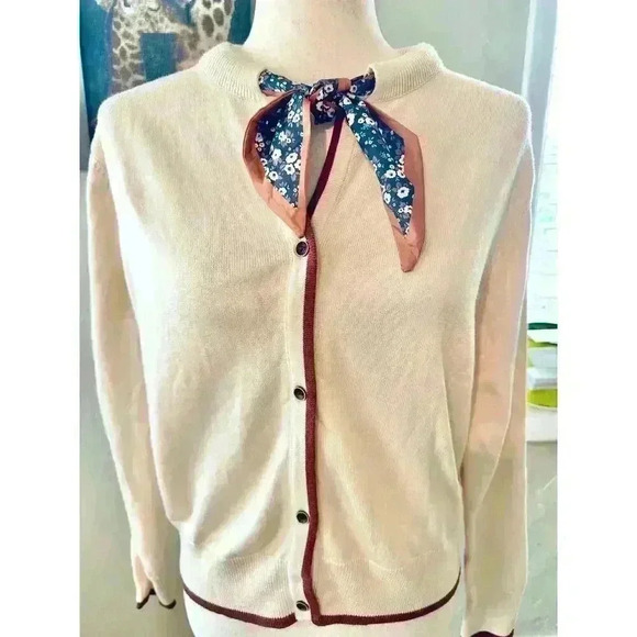 Euro Style Soft Cream Cardigan Button Up With Scarf Tie Brown Trim Size S - Picture 2 of 7